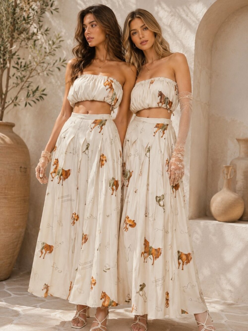 Equestrian Elegance Satin Pleated Western Maxi Skirt